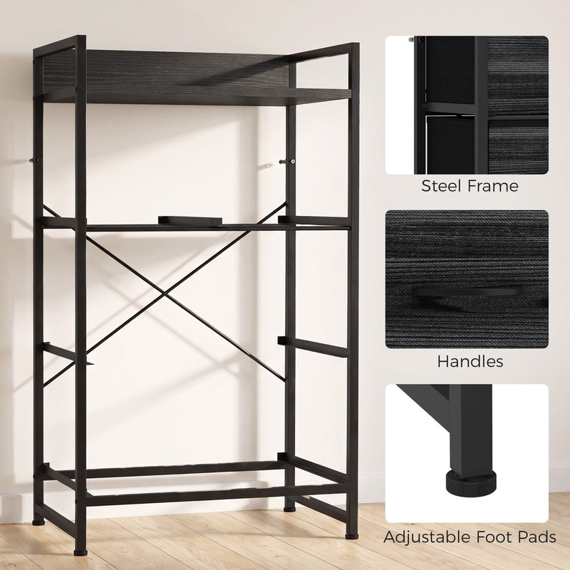 Frame without drawers showing the X-bar brace, with handle and foot pad close-ups