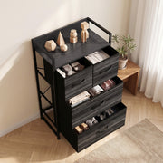 Three-quarter view with ornaments on the top shelf and folded clothes in each drawer
