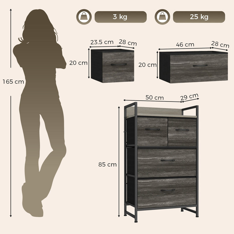 Dimensions diagram with 3 kg per drawer and 25 kg total load ratings