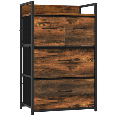Rustic brown 4-drawer fabric chest of drawers with black steel frame