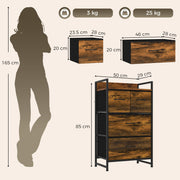 Dimensions diagram showing 50 cm width, 85 cm height, 29 cm depth and drawer sizes with 3 kg and 25 kg limits