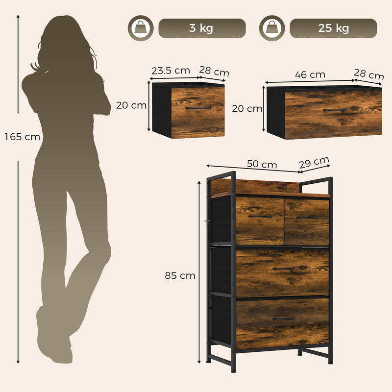 Dimensions diagram showing 50 cm width, 85 cm height, 29 cm depth and drawer sizes with 3 kg and 25 kg limits