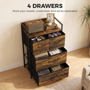 Chest of drawers with open drawers showing folded towels, underwear and socks