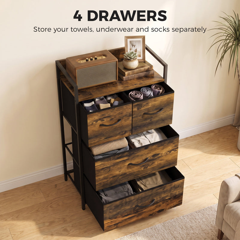Chest of drawers with open drawers showing folded towels, underwear and socks