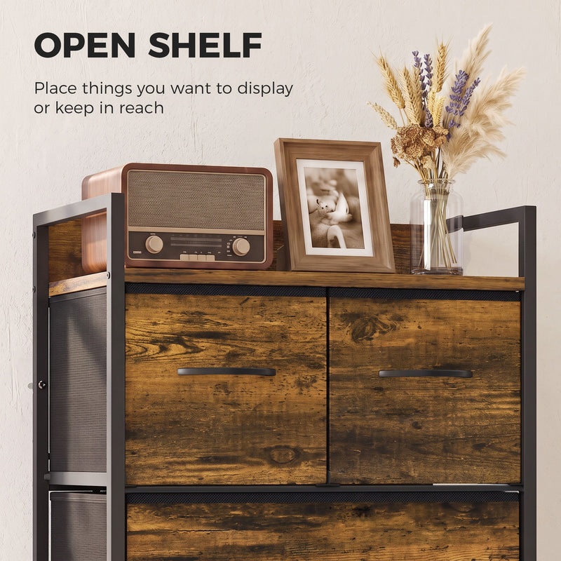Close-up of the open top shelf displaying a radio, photo frame and dried flowers