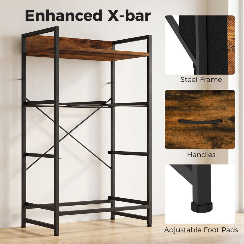 Bare steel frame with X-bar and close-ups of steel frame, handles and adjustable foot pads