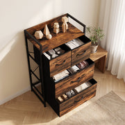 Four-drawer chest of drawers in a room corner with open drawers holding clothes