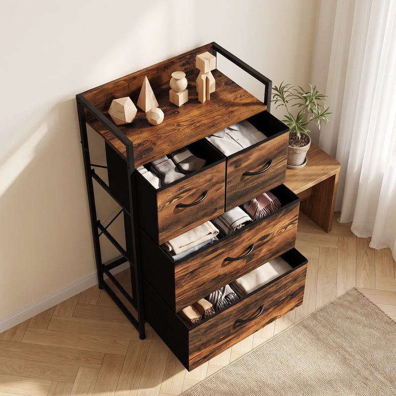 Four-drawer chest of drawers in a room corner with open drawers holding clothes