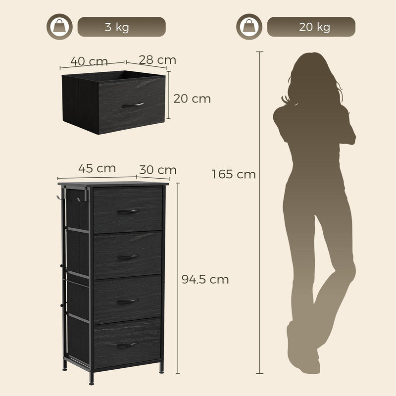 Dimensions diagram showing 45 x 30 x 94.5 cm overall size and 40 x 28 x 20 cm drawer interior