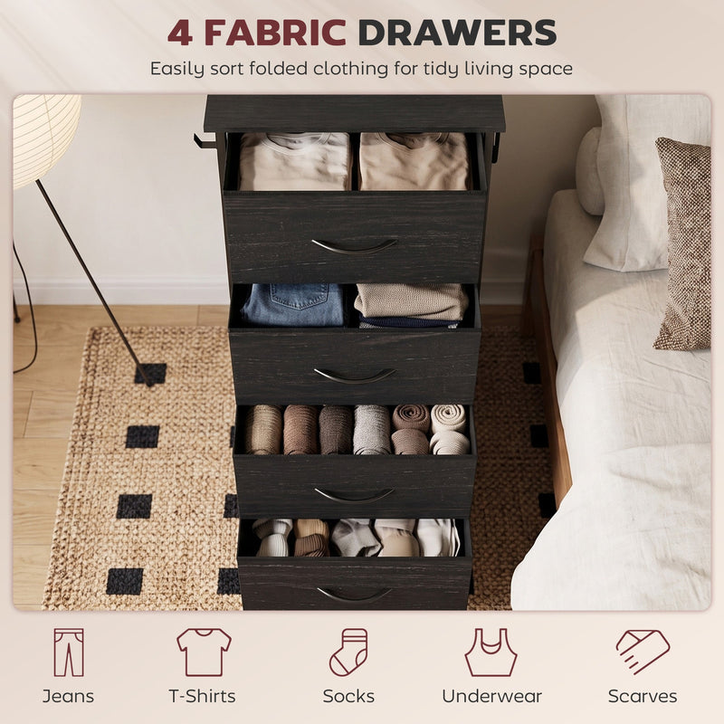 Open fabric drawers holding folded clothes, socks and accessories