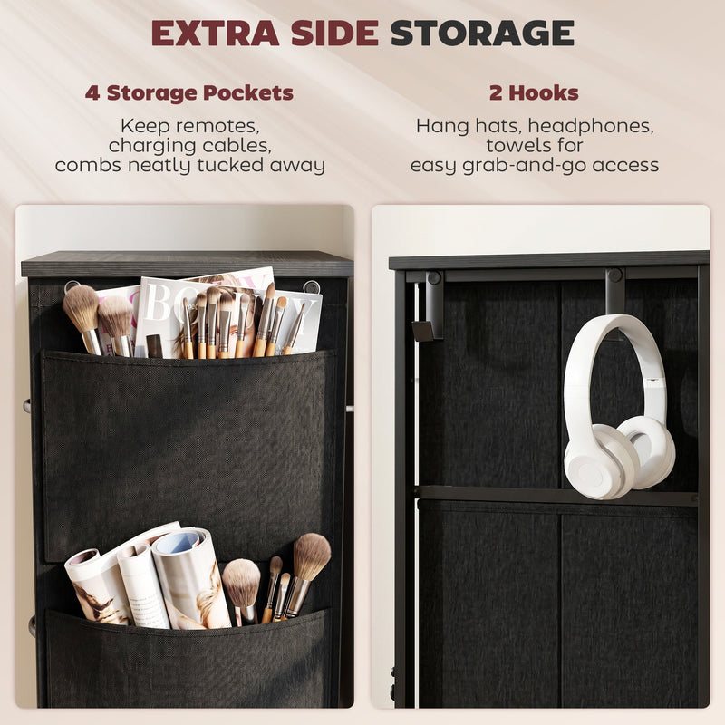 Close-up of the four side storage pockets and two hooks