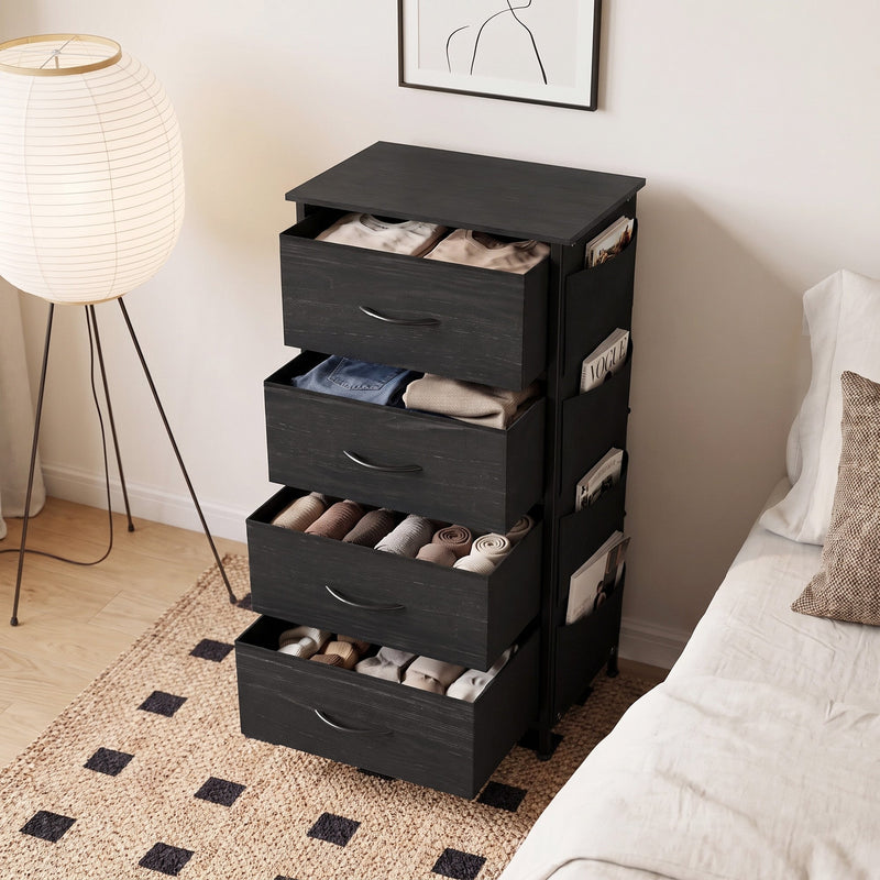 Black fabric chest of drawers with open drawers in a bedroom setting