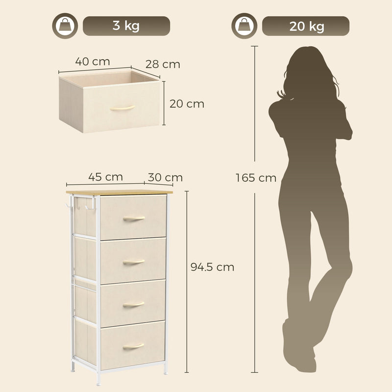Measurement graphic with 45 x 30 x 94.5 cm unit size and 3 kg drawer limit, shown in beige