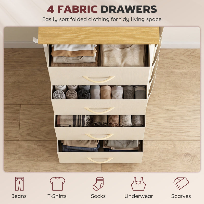 Four drawers open displaying folded jeans, t-shirts and scarves from above, shown in beige