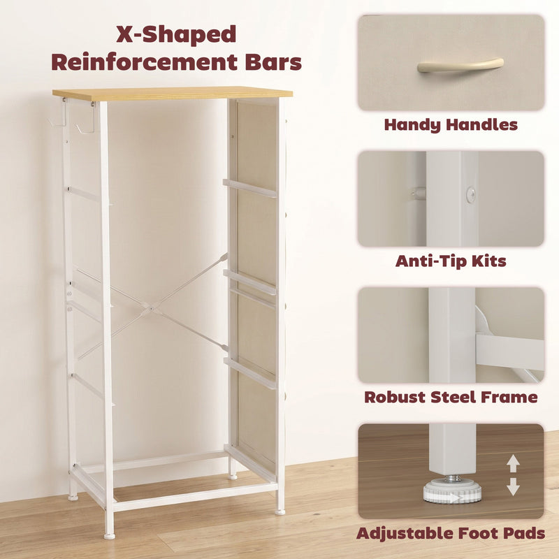 Frame view with X-shaped bars plus close-ups of handles, anti-tip kit and adjustable feet, shown in beige