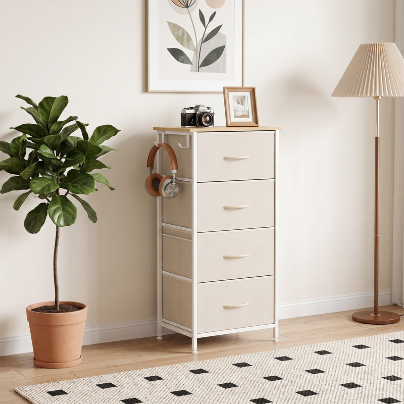 Chest of drawers in a hallway corner beside a plant and floor lamp, shown in beige