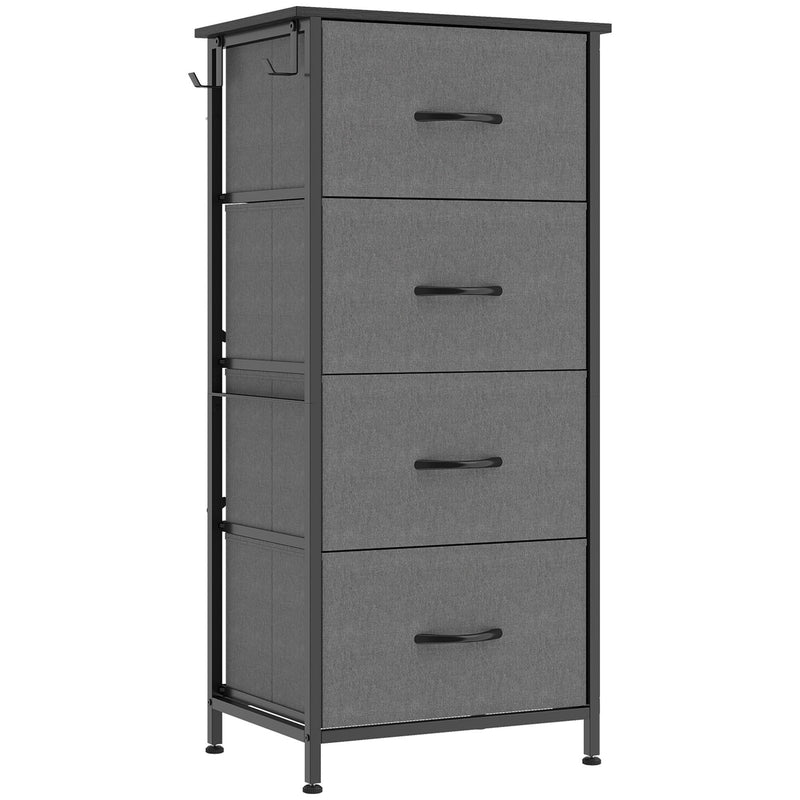 Studio view of the 4 drawer fabric chest of drawers with steel frame and side hooks, shown in grey