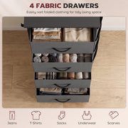 Four fabric drawers pulled open and filled with folded clothes, shown in grey