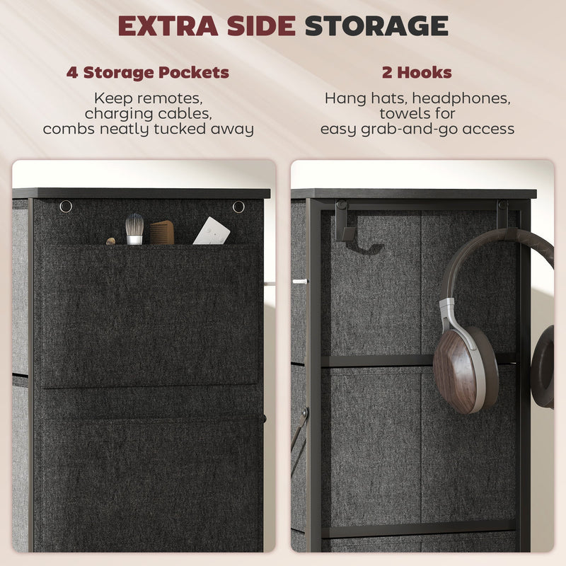 Side pockets holding cables and small items and hooks holding headphones, shown in grey
