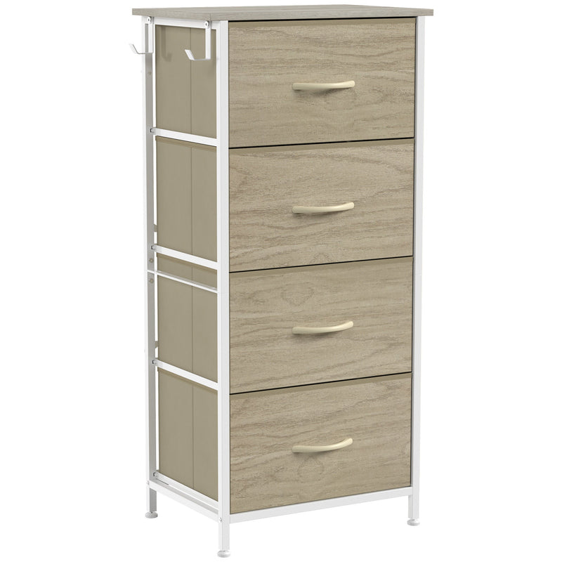 Studio view of the chest with wood grain effect drawers and slim steel frame, shown in oak