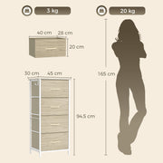 Dimensions graphic showing drawer interior and a 165 cm figure for scale, shown in oak