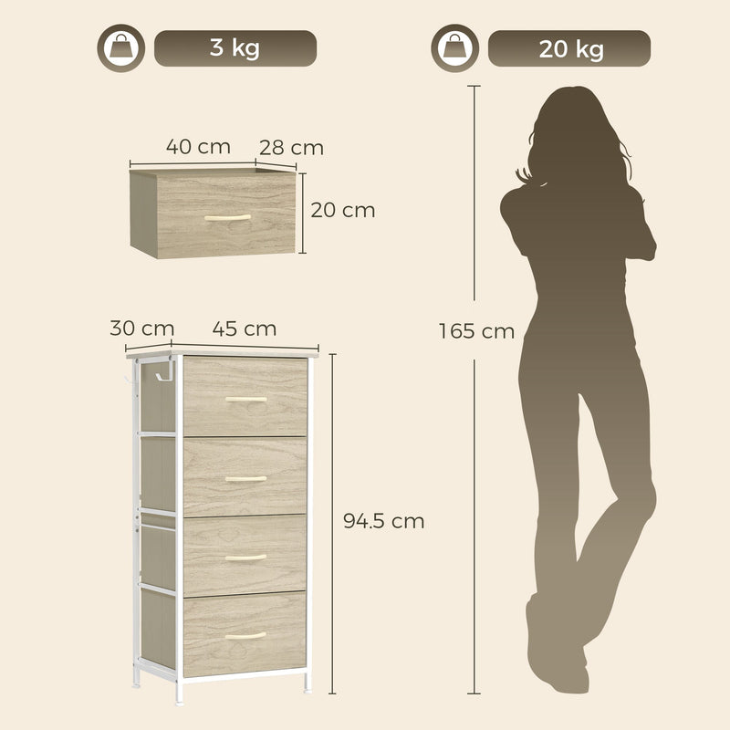 Dimensions graphic showing drawer interior and a 165 cm figure for scale, shown in oak