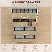 Overhead view of the open drawers organised with clothing and accessories, shown in oak