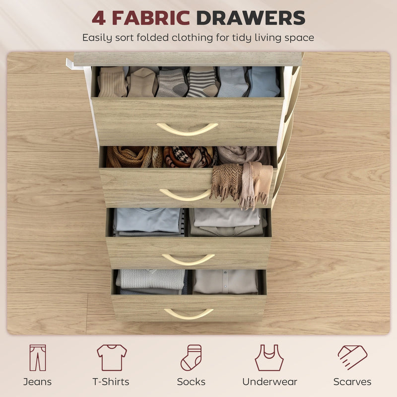 Overhead view of the open drawers organised with clothing and accessories, shown in oak