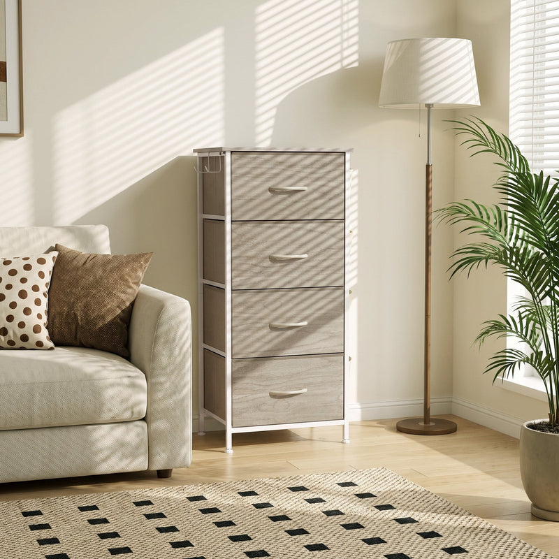 Chest of drawers next to an armchair and floor lamp in a living room, shown in oak