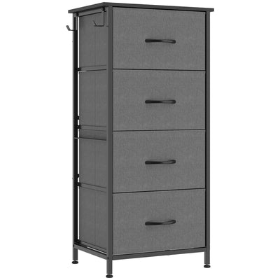 Grey 4-drawer fabric chest of drawers with steel frame on a white background