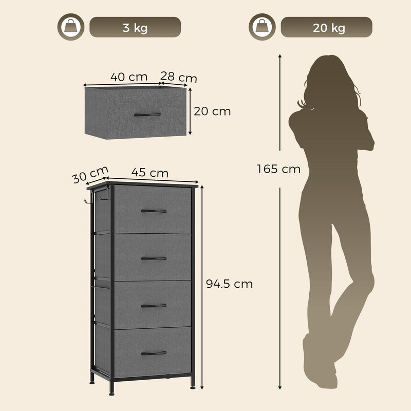 Dimensions diagram showing 45 cm wide, 30 cm deep and 94.5 cm high with drawer size and load limits