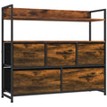 Rustic brown 5-drawer fabric chest of drawers with two open shelves on a white background