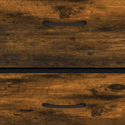 Close-up of the rustic brown wood-effect drawer fronts and recessed handles