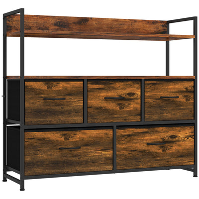 Rustic brown 5-drawer fabric chest of drawers with two open shelves on a white background
