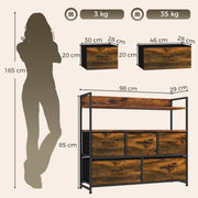 Dimensions diagram of the chest of drawers: 98 cm wide, 29 cm deep, 85 cm high, with drawer sizes and load limits