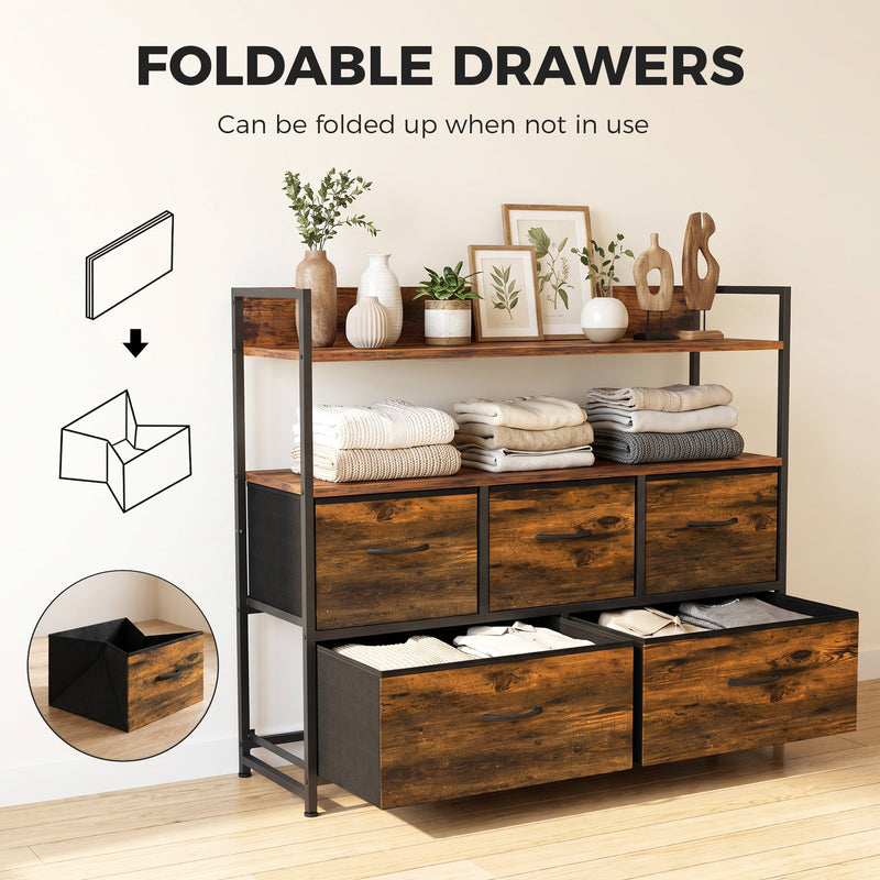 Chest of drawers with folded towels on the shelves and an inset showing a fabric drawer folded flat