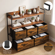 Angled view of the chest of drawers with stored clothes, plus steel frame, foot pad and handle close-ups