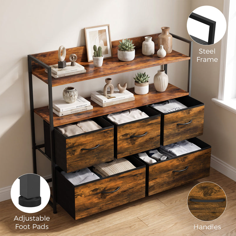Angled view of the chest of drawers with stored clothes, plus steel frame, foot pad and handle close-ups
