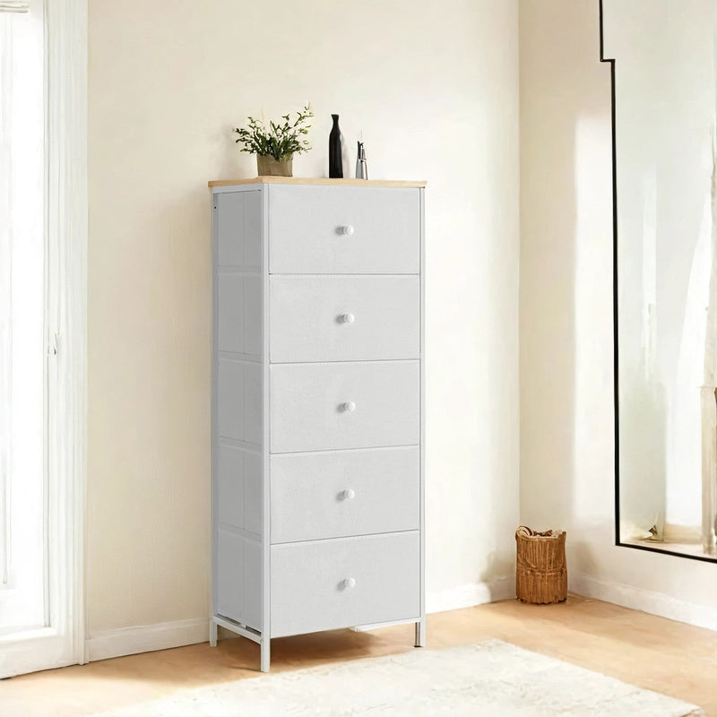 SONGMICS white chest of drawers with 5 fabric drawers, front view