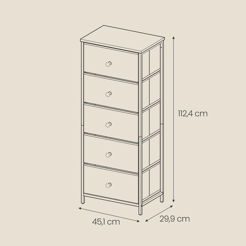Close-up of fabric drawer front and steel frame