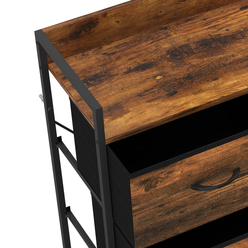 Close-up of the top corner and a black fabric drawer with handle