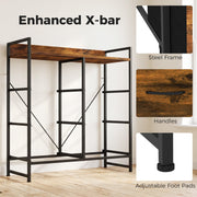 Bare steel frame with X-bar and close-ups of steel frame, handles and adjustable foot pads
