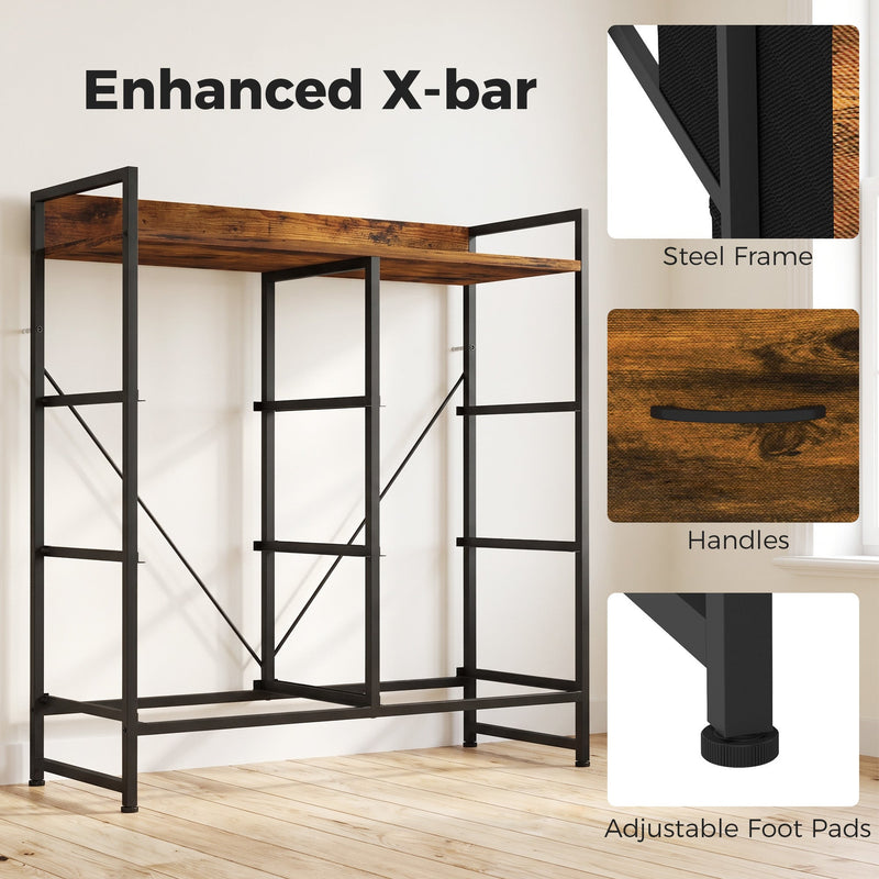Bare steel frame with X-bar and close-ups of steel frame, handles and adjustable foot pads