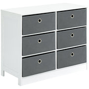 White six-drawer fabric chest angled view showing the frame and short legs