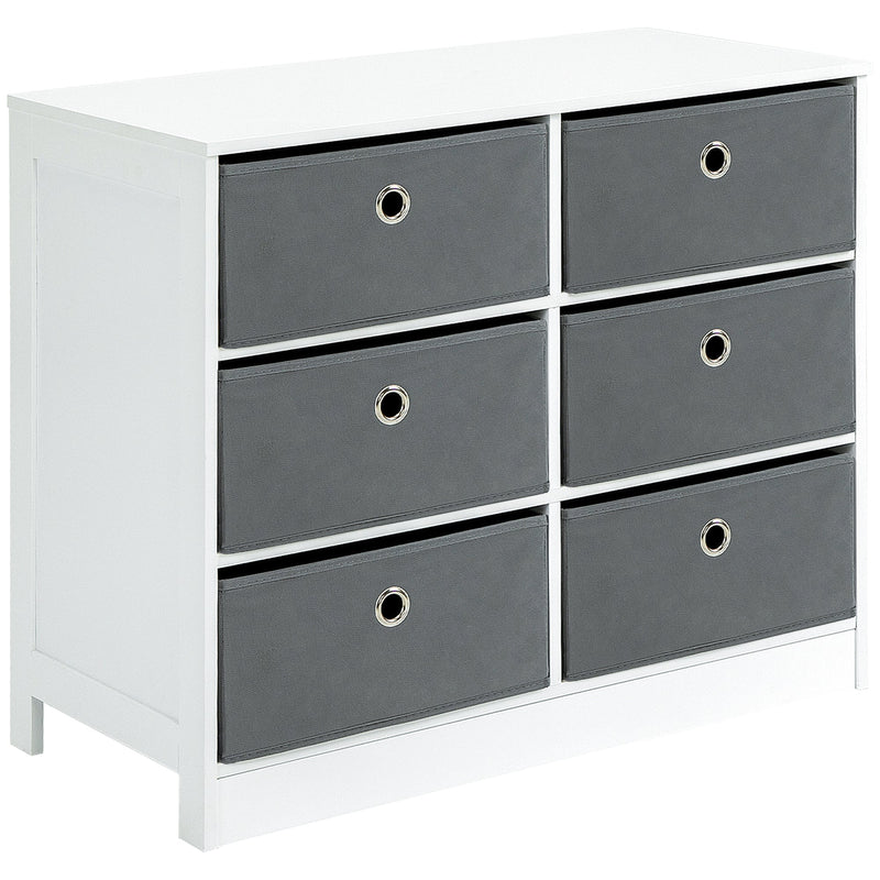 White six-drawer fabric chest angled view showing the frame and short legs