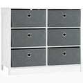White chest of drawers with six grey fabric drawers and metal ring pulls, front view
