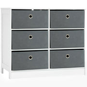 White chest of drawers with six grey fabric drawers and metal ring pulls, front view