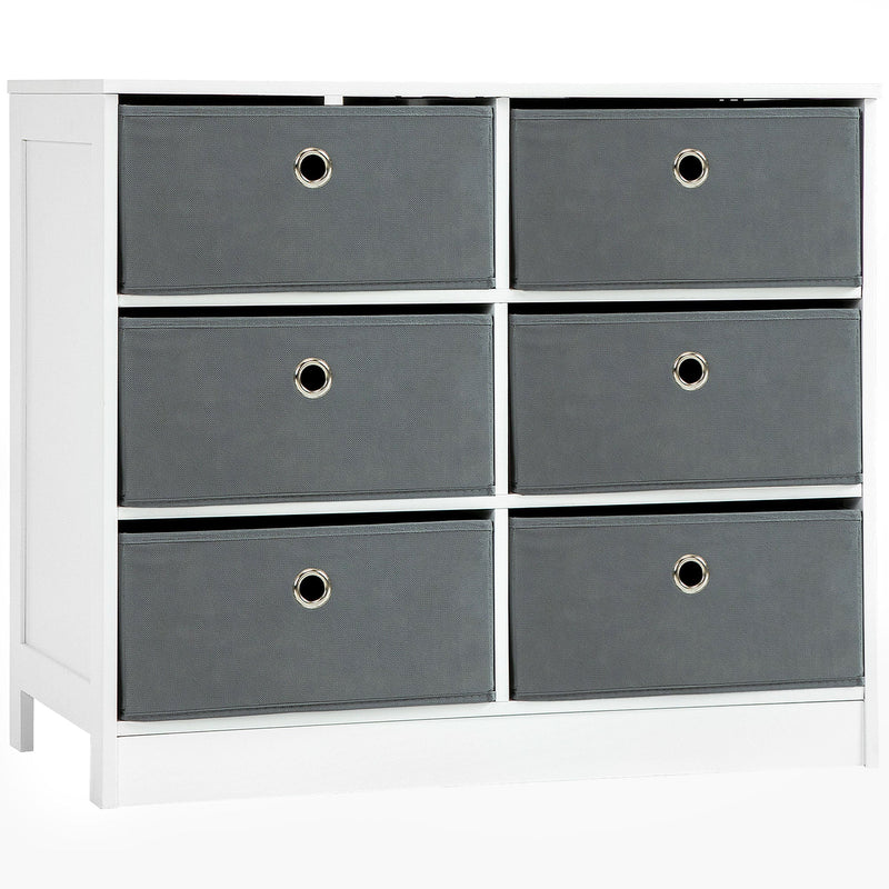 White chest of drawers with six grey fabric drawers and metal ring pulls, front view