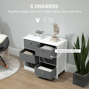 Chest with three fabric drawers pulled out and a non-woven fabric callout beside storage for clothes and toys