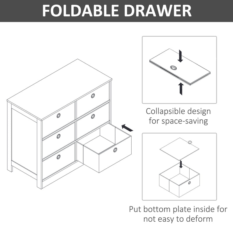 Line drawing showing how the fabric drawer collapses flat and the bottom plate is placed inside